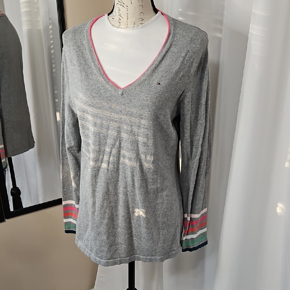 Tommy Hilfiger Gray V-Neck Sweater with Striped Cuffs